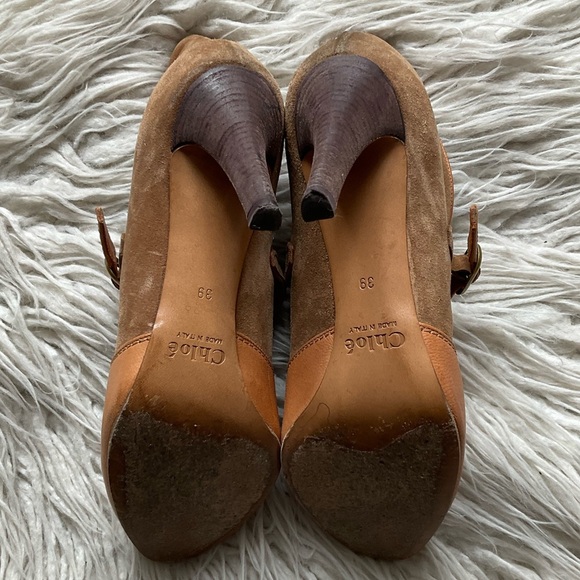 Chloe Tan Suede Leather Switch Color Block Mixed Media High Heel Booties Size 39 - Picture 6 of 11